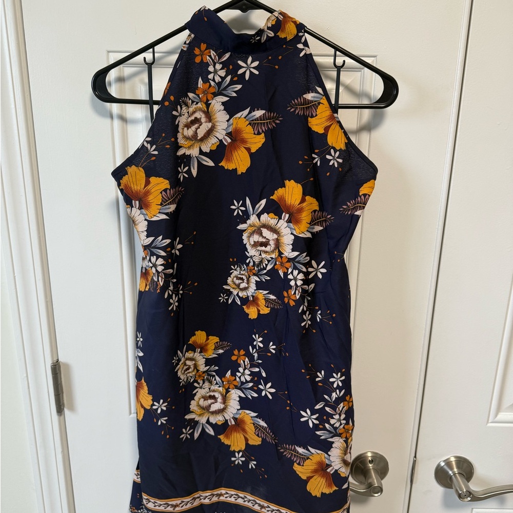 Floral Halter Neck Dress - Navy and Orange - Picture 2 of 6